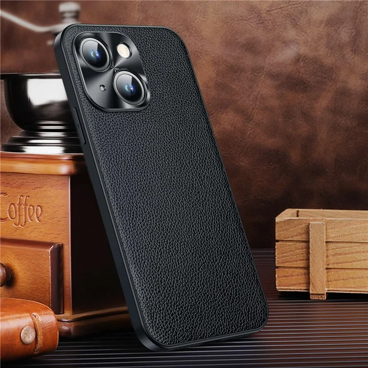 Protective Case for iPhone 14 Anti-Drop Phone Case Cowhide Leather Litchi Texture TPU Back Cover with Metal Camera Frame - Black