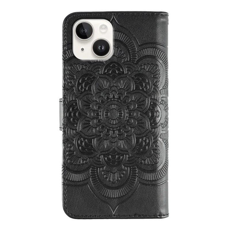 For iPhone 14 Case PU Leather Mandala Imprinted Design Wallet Phone Cover - Black