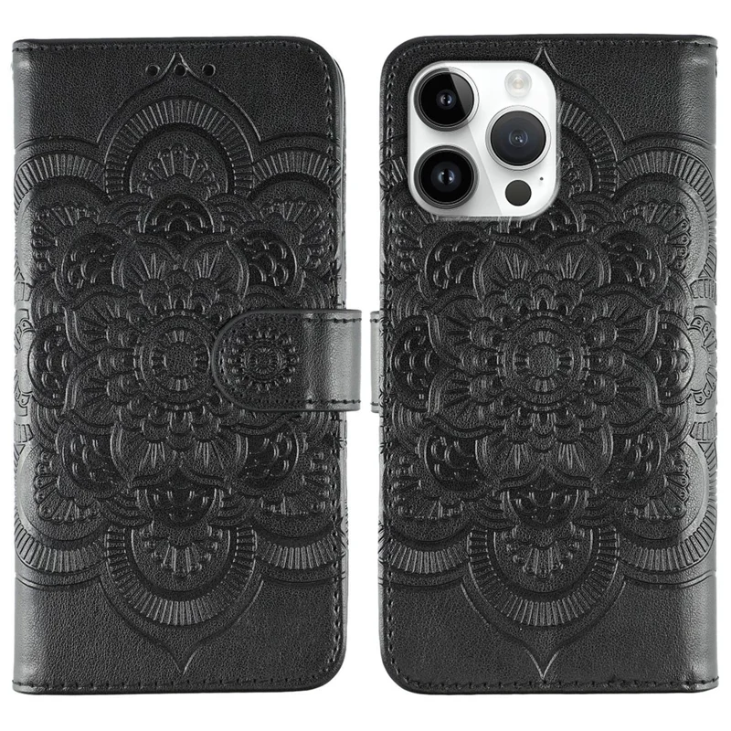 Étui pour iPhone 14 Pro Max en Cuir PU avec Design Mandala Imprimé - Portefeuille pour Téléphone - Noir
