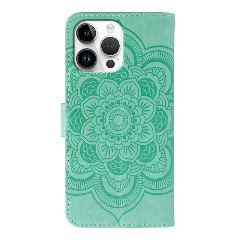 For iPhone 14 Pro Max Case PU Leather Mandala Imprinted Design Wallet Phone Cover - Green