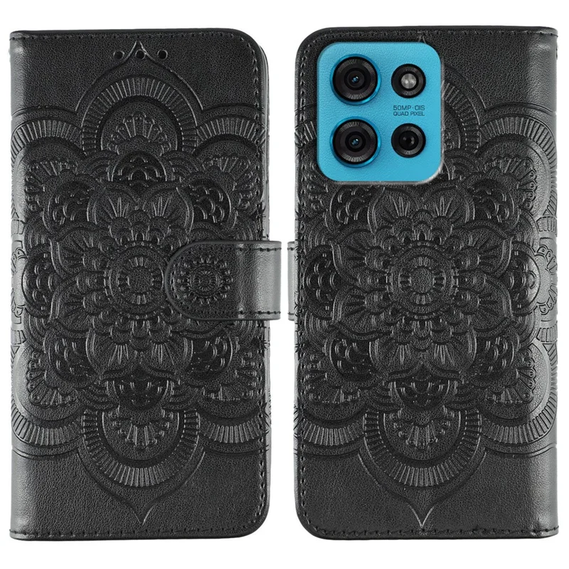 For Motorola Moto G75 5G Case PU Leather Mandala Imprinted Design Wallet Phone Cover - Black