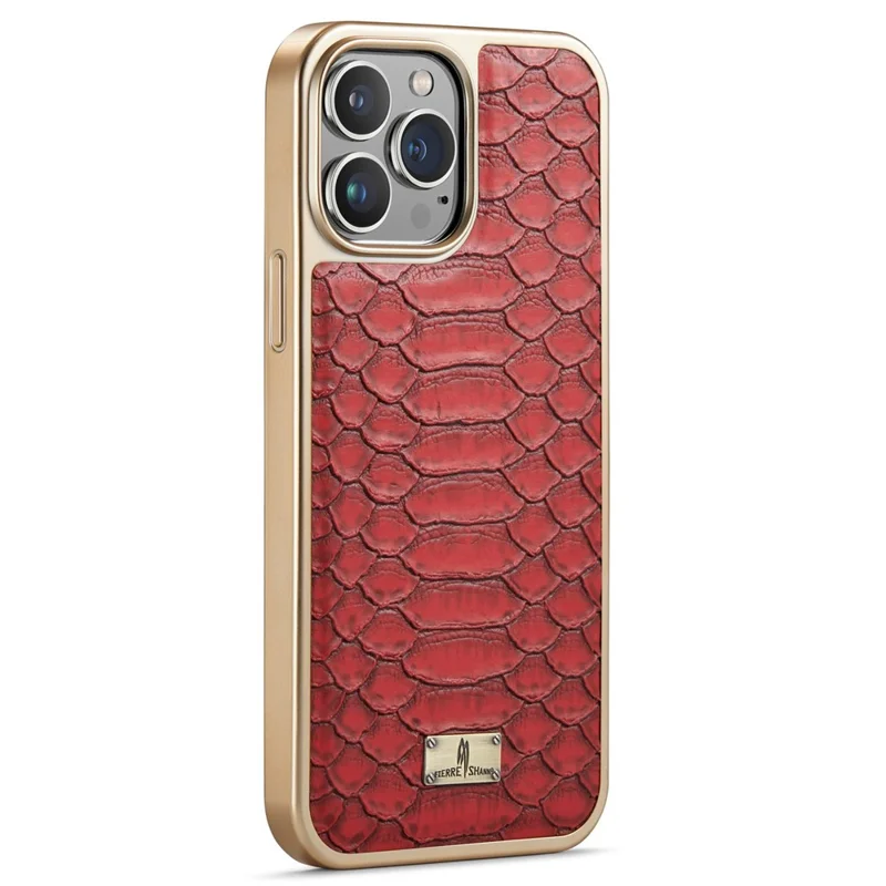 FIERRE SHANN For iPhone 14 Pro Electroplated Python Texture PU Leather Coated TPU Phone Back Case Anti-fall Cover - Red