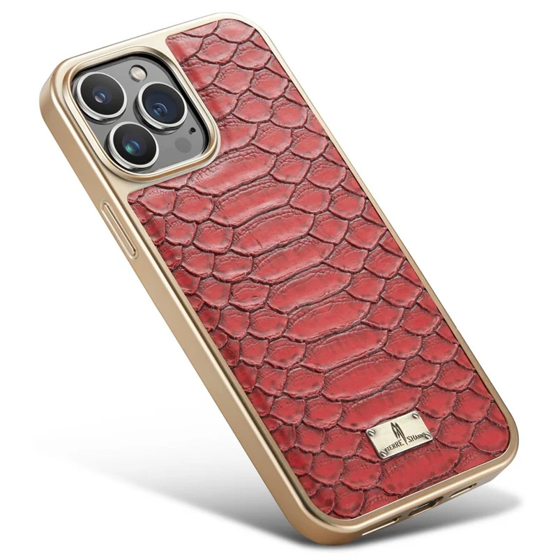 FIERRE SHANN For iPhone 14 Pro Electroplated Python Texture PU Leather Coated TPU Phone Back Case Anti-fall Cover - Red