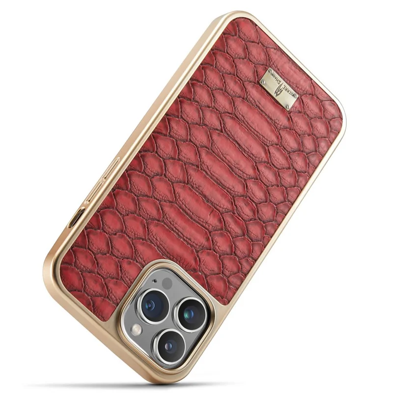 FIERRE SHANN For iPhone 14 Pro Electroplated Python Texture PU Leather Coated TPU Phone Back Case Anti-fall Cover - Red