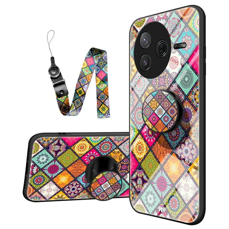 For Xiaomi Poco F7 Pro 5G / Redmi K80 5G Case Kickstand Ethnic Pattern Tempered Glass Phone Cover with Strap - Color Pattern