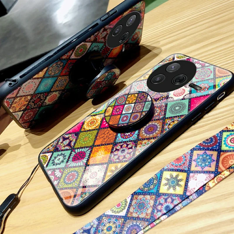 For Xiaomi Poco F7 Pro 5G / Redmi K80 5G Case Kickstand Ethnic Pattern Tempered Glass Phone Cover with Strap - Color Pattern