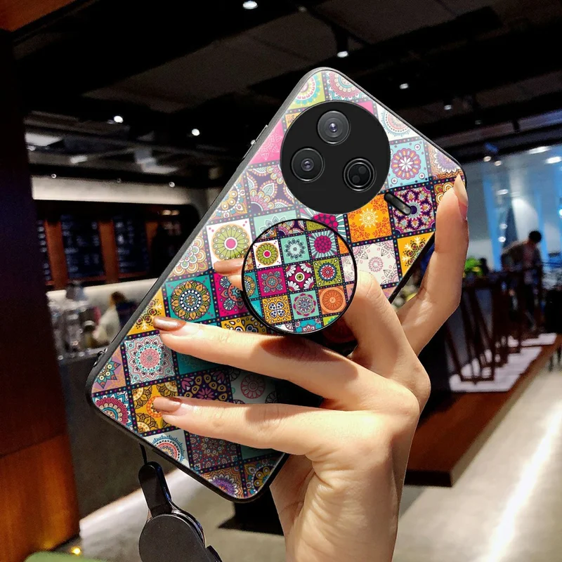 For Xiaomi Poco F7 Pro 5G / Redmi K80 5G Case Kickstand Ethnic Pattern Tempered Glass Phone Cover with Strap - Color Pattern