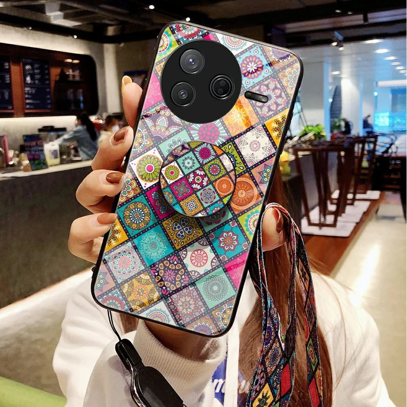 For Xiaomi Poco F7 Pro 5G / Redmi K80 5G Case Kickstand Ethnic Pattern Tempered Glass Phone Cover with Strap - Color Pattern