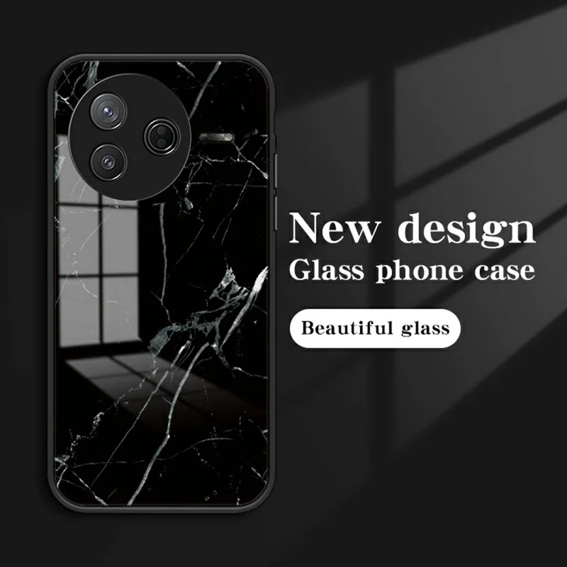 For Xiaomi Poco F7 Pro 5G / Redmi K80 5G Case Marble Pattern Tempered Glass + PC + TPU Protective Phone Cover - Black Marble