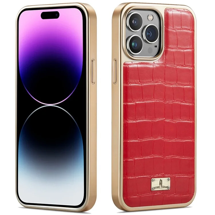 Fierre Shann Para Iphone 14 Pro Max Electroplacado Textura Crocodile PU Cuero TPU Case Anti-drop Anti-scratch Back Cover - Rojo