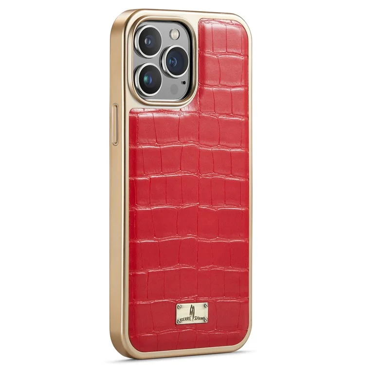 Fierre Shann Para Iphone 14 Pro Max Electroplacado Textura Crocodile PU Cuero TPU Case Anti-drop Anti-scratch Back Cover - Rojo