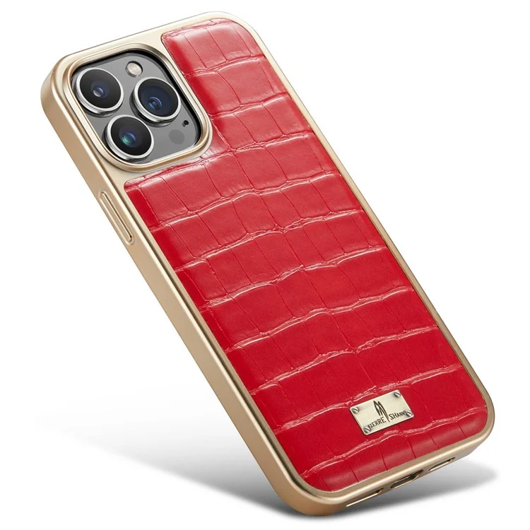 Fierre Shann Para Iphone 14 Pro Max Electroplacado Textura Crocodile PU Cuero TPU Case Anti-drop Anti-scratch Back Cover - Rojo