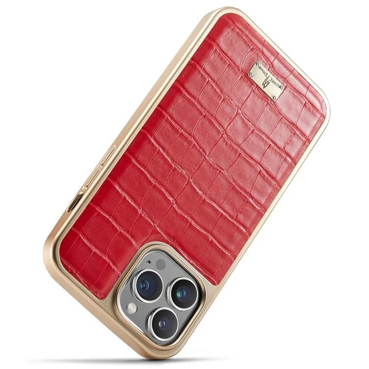 Fierre Shann Para Iphone 14 Pro Max Electroplacado Textura Crocodile PU Cuero TPU Case Anti-drop Anti-scratch Back Cover - Rojo