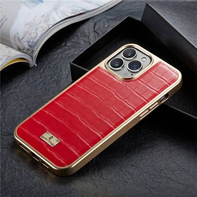 Fierre Shann Para Iphone 14 Pro Max Electroplacado Textura Crocodile PU Cuero TPU Case Anti-drop Anti-scratch Back Cover - Rojo