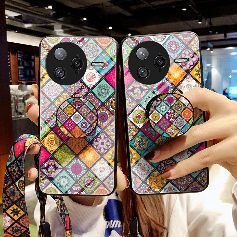 For Xiaomi Poco F7 Ultra 5G / Redmi K80 Pro 5G Case Kickstand Ethnic Pattern Tempered Glass Phone Cover with Strap - Color Pattern
