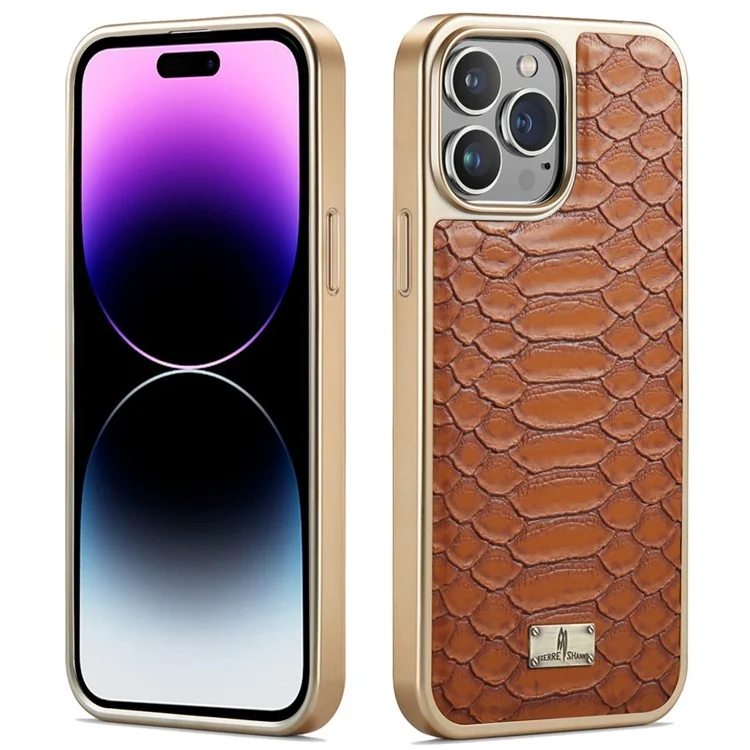Fierre Shann Pour Iphone 14 Pro Max Python Texture PU le Cuir TPU TPU Téléphone Back Cover Electroplated Protective - Brun
