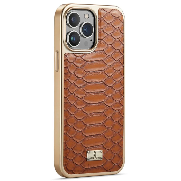 Fierre Shann Pour Iphone 14 Pro Max Python Texture PU le Cuir TPU TPU Téléphone Back Cover Electroplated Protective - Brun