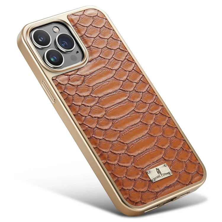 Fierre Shann Pour Iphone 14 Pro Max Python Texture PU le Cuir TPU TPU Téléphone Back Cover Electroplated Protective - Brun