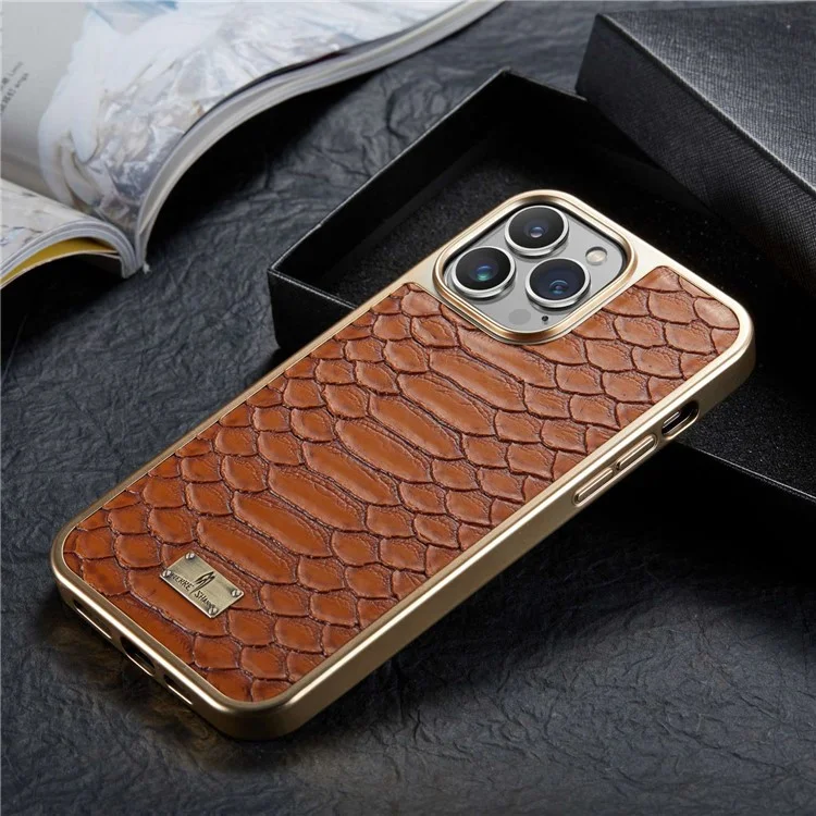 Fierre Shann Pour Iphone 14 Pro Max Python Texture PU le Cuir TPU TPU Téléphone Back Cover Electroplated Protective - Brun