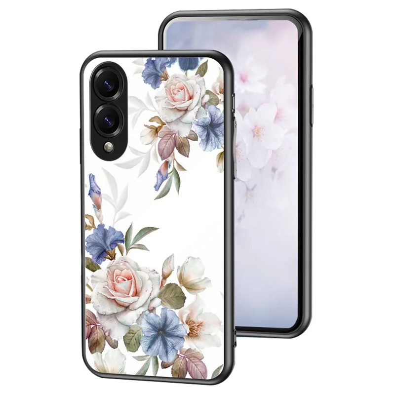 For Samsung Galaxy S25 Edge Case Floral Pattern TPU + Tempered Glass Protective Phone Cover - White Flower Bush