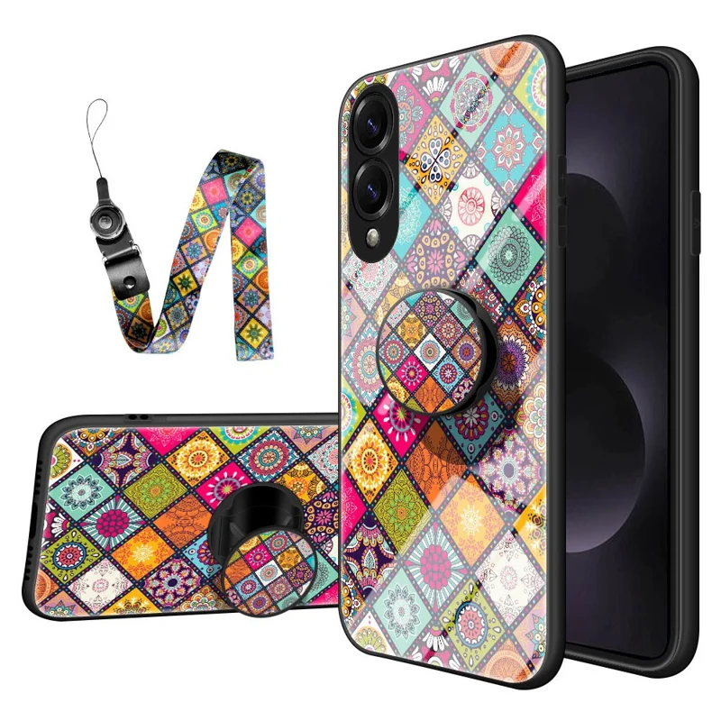 For Samsung Galaxy S25 Edge Case Kickstand Ethnic Pattern Tempered Glass Phone Cover with Strap - Color Pattern