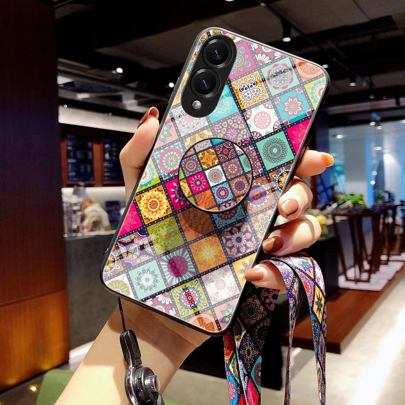 For Samsung Galaxy S25 Edge Case Kickstand Ethnic Pattern Tempered Glass Phone Cover with Strap - Color Pattern