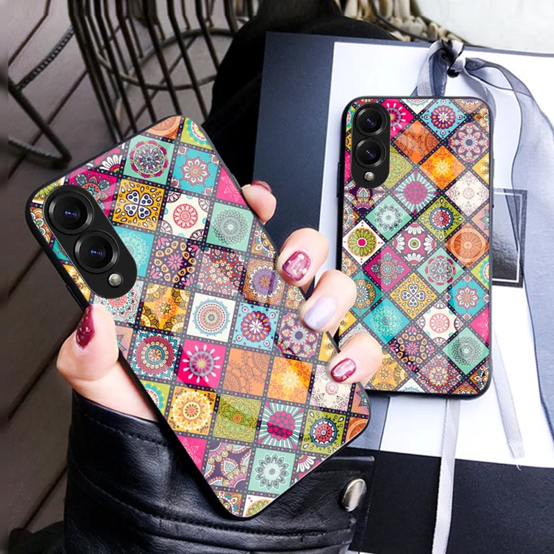 For Samsung Galaxy S25 Edge Case Kickstand Ethnic Pattern Tempered Glass Phone Cover with Strap - Color Pattern