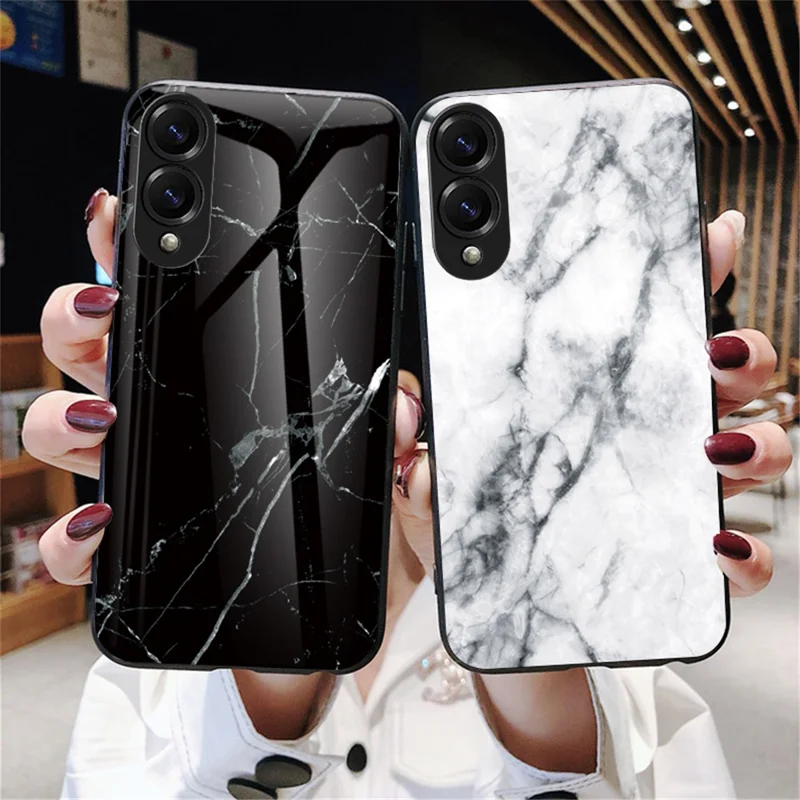For Samsung Galaxy S25 Edge Case Marble Pattern Tempered Glass + PC + TPU Protective Phone Cover - Gold Black Marble