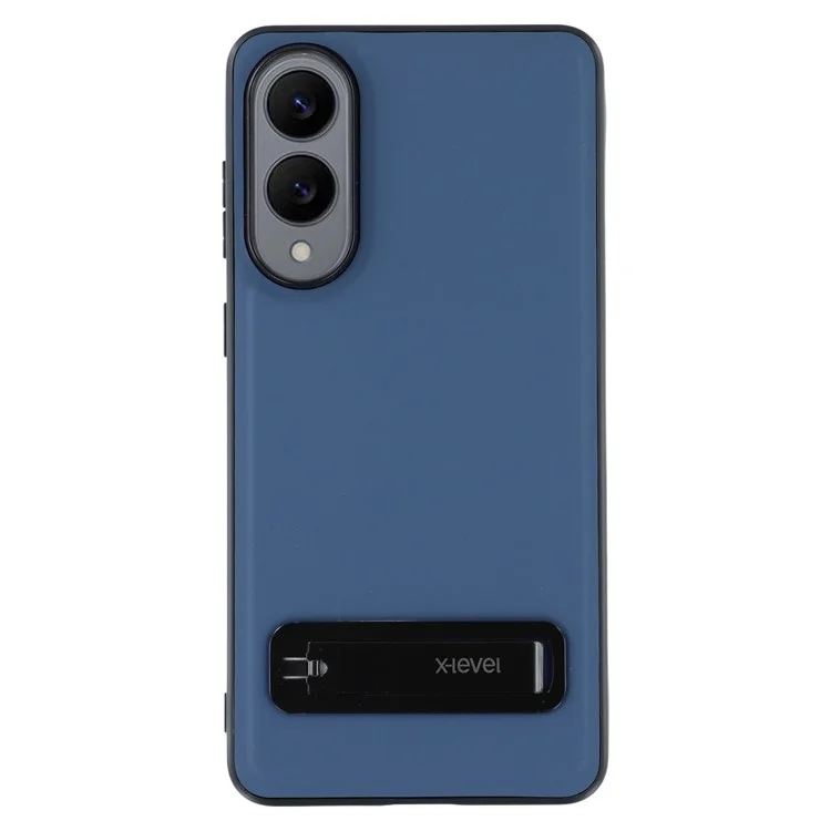 X-LEVEL For Samsung	Galaxy S25 Edge Case Leather Coated PC TPU Phone Back Cover with Metal Kickstand - Blue
