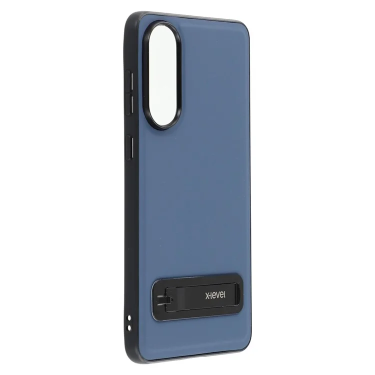 X-LEVEL For Samsung	Galaxy S25 Edge Case Leather Coated PC TPU Phone Back Cover with Metal Kickstand - Blue