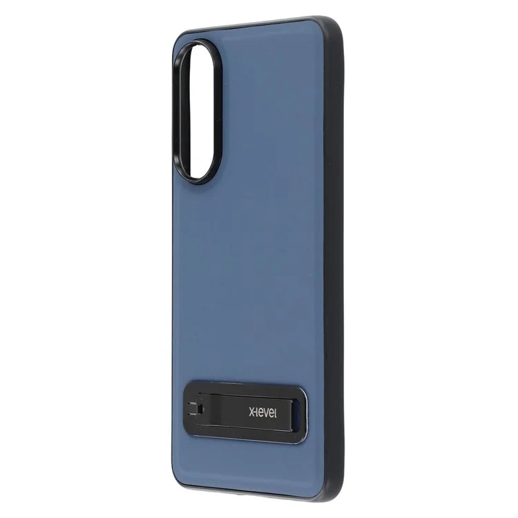 X-LEVEL For Samsung	Galaxy S25 Edge Case Leather Coated PC TPU Phone Back Cover with Metal Kickstand - Blue