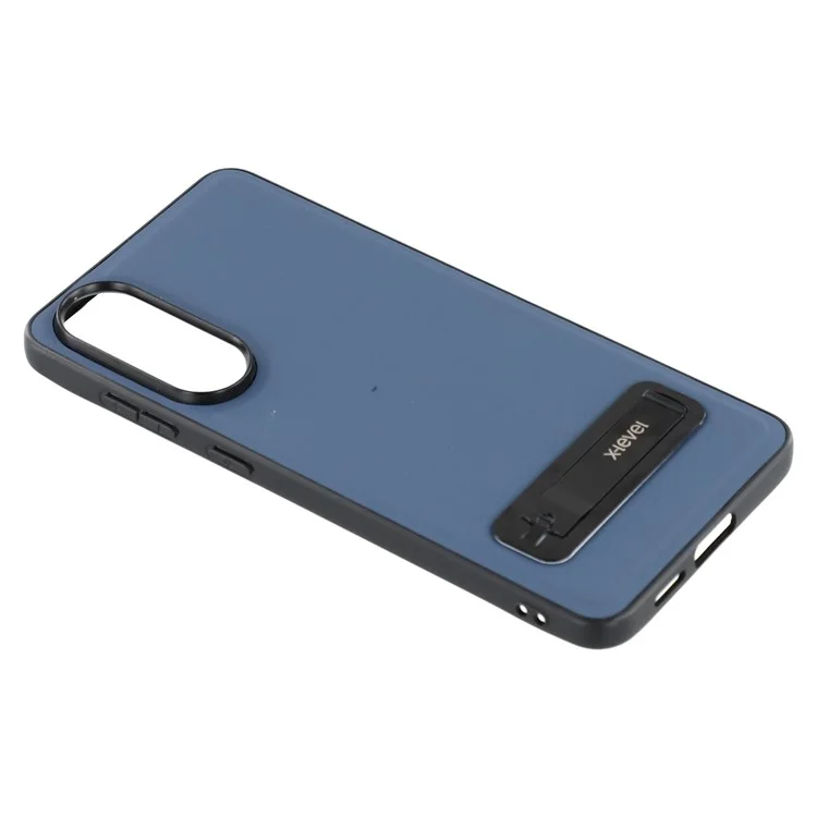X-LEVEL For Samsung	Galaxy S25 Edge Case Leather Coated PC TPU Phone Back Cover with Metal Kickstand - Blue