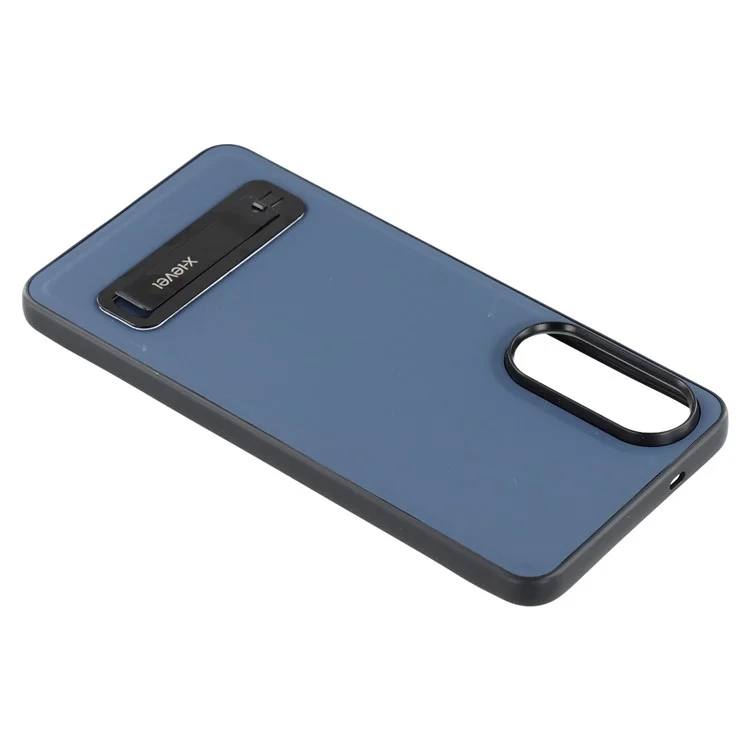 X-LEVEL For Samsung	Galaxy S25 Edge Case Leather Coated PC TPU Phone Back Cover with Metal Kickstand - Blue