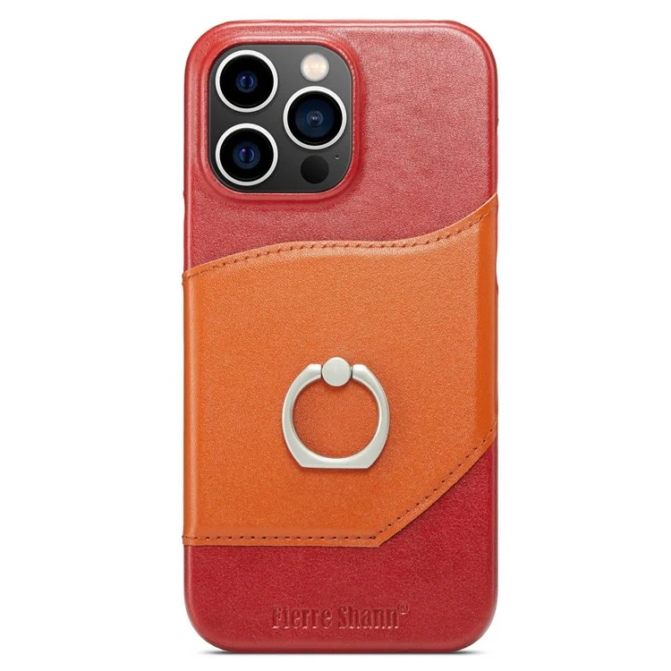 Case a Prueba de Choque Para Iphone 14 Pro Genuine Leather Hard PC Phel Shell Impresión de la Caja Del Teléfono Con Soporte de Tarjeta / Parada de Patada de Anillo - Rojo