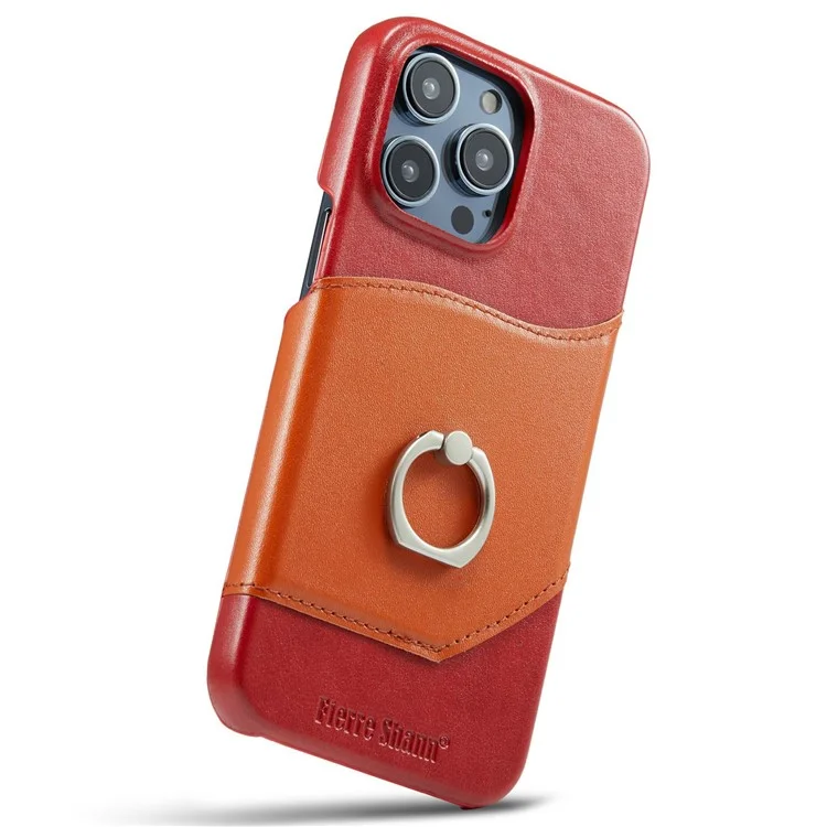 Case a Prueba de Choque Para Iphone 14 Pro Genuine Leather Hard PC Phel Shell Impresión de la Caja Del Teléfono Con Soporte de Tarjeta / Parada de Patada de Anillo - Rojo