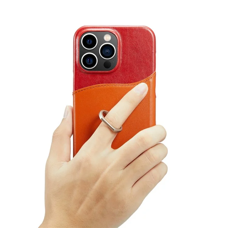Case a Prueba de Choque Para Iphone 14 Pro Genuine Leather Hard PC Phel Shell Impresión de la Caja Del Teléfono Con Soporte de Tarjeta / Parada de Patada de Anillo - Rojo