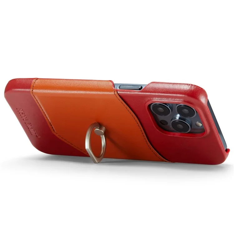 Case a Prueba de Choque Para Iphone 14 Pro Genuine Leather Hard PC Phel Shell Impresión de la Caja Del Teléfono Con Soporte de Tarjeta / Parada de Patada de Anillo - Rojo