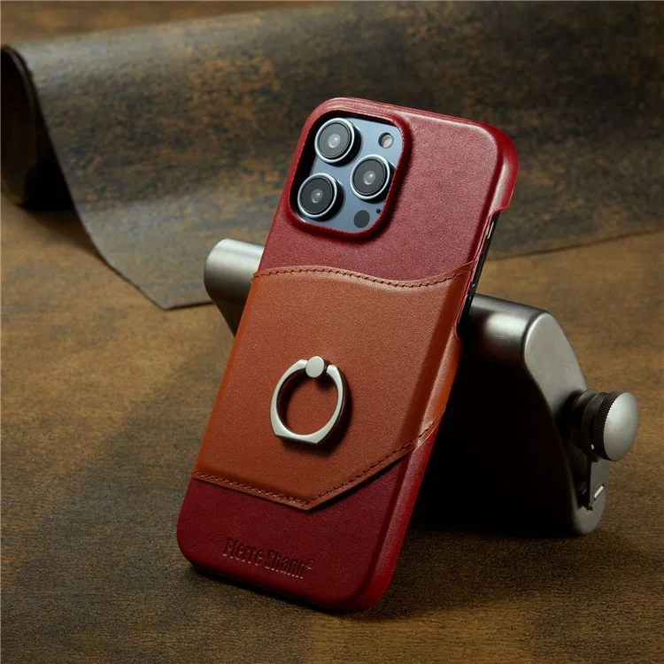 Case a Prueba de Choque Para Iphone 14 Pro Genuine Leather Hard PC Phel Shell Impresión de la Caja Del Teléfono Con Soporte de Tarjeta / Parada de Patada de Anillo - Rojo