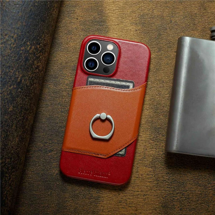 Case a Prueba de Choque Para Iphone 14 Pro Genuine Leather Hard PC Phel Shell Impresión de la Caja Del Teléfono Con Soporte de Tarjeta / Parada de Patada de Anillo - Rojo