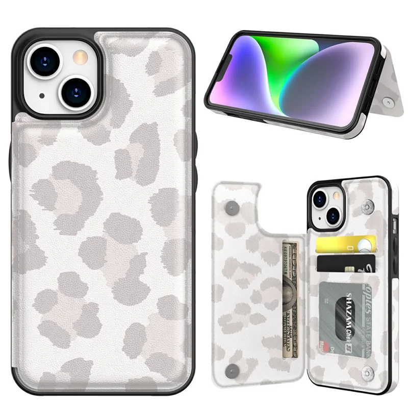 AHASTYLE WG08 For iPhone 14 Case Pattern Printing Wallet Kickstand Anti Drop Leather Phone Back Cover - Leopard