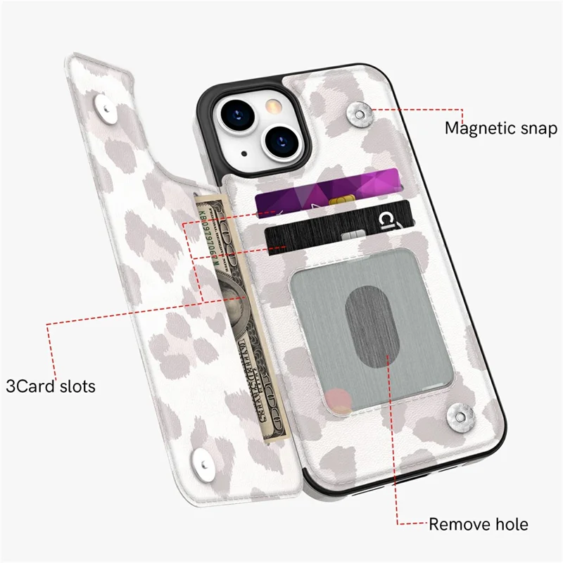 AHASTYLE WG08 For iPhone 14 Case Pattern Printing Wallet Kickstand Anti Drop Leather Phone Back Cover - Leopard
