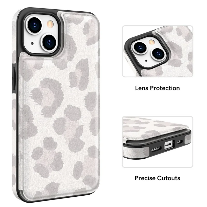 AHASTYLE WG08 For iPhone 14 Case Pattern Printing Wallet Kickstand Anti Drop Leather Phone Back Cover - Leopard