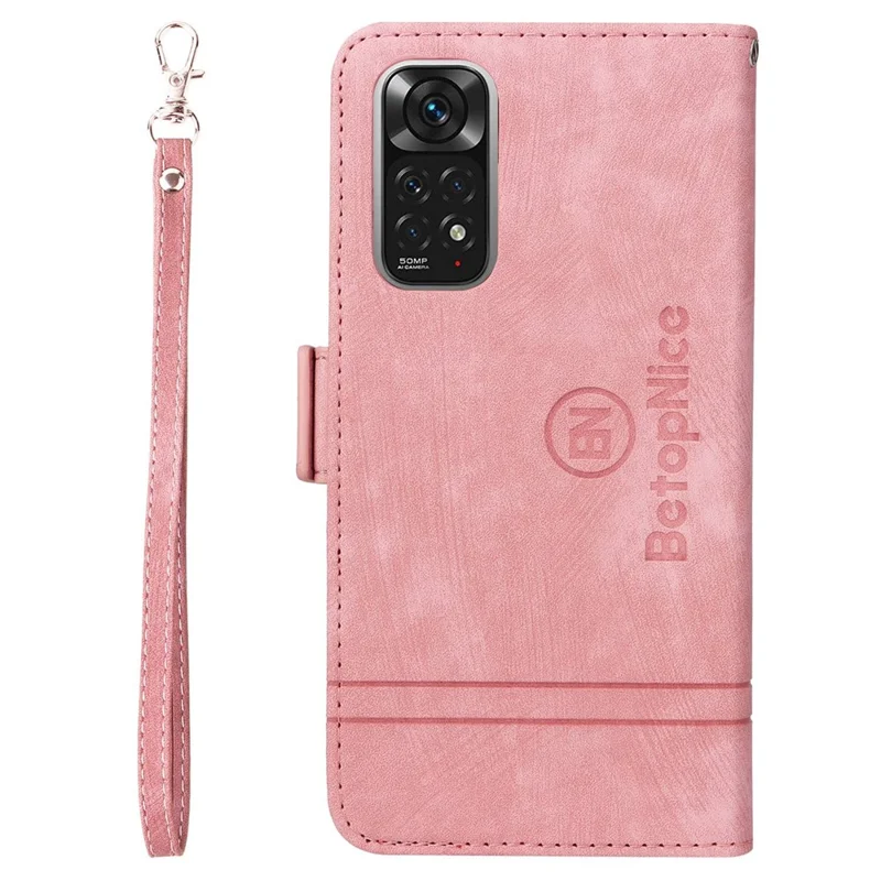 BETOPNICE 001 till Xiaomi Redmi Note 11 4G (Qualcomm) / Note 11S 4G Inpräntat stygnsmönster Hölje med stativ och plånbok i PU-läder med rem - Rosa