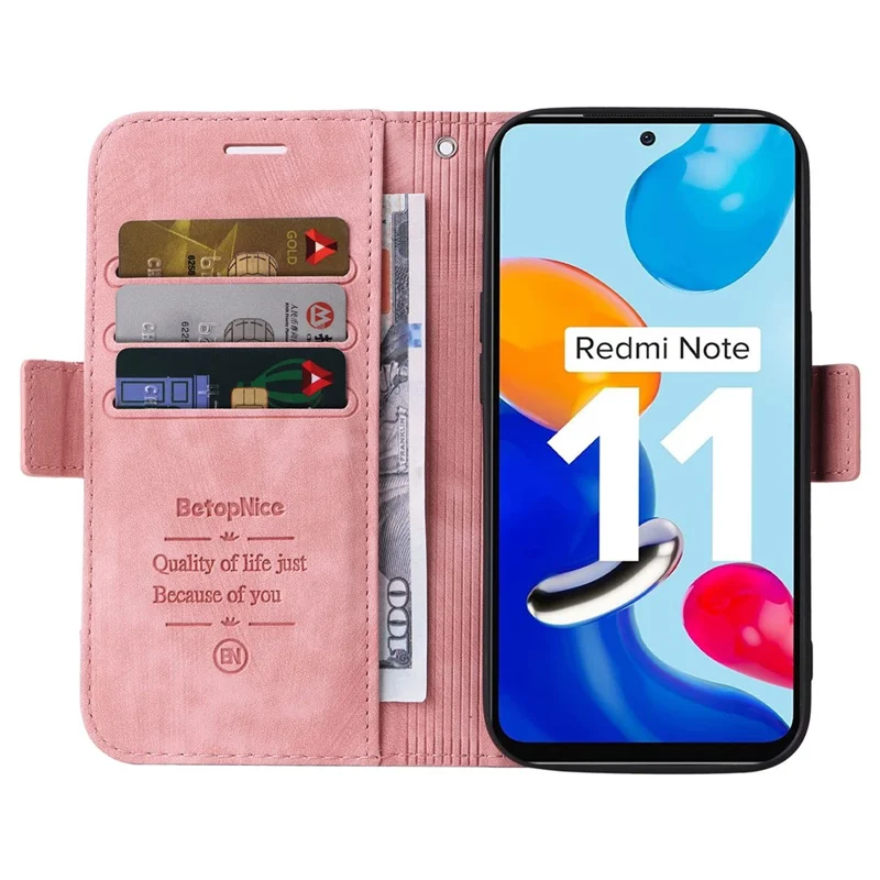 BETOPNICE 001 till Xiaomi Redmi Note 11 4G (Qualcomm) / Note 11S 4G Inpräntat stygnsmönster Hölje med stativ och plånbok i PU-läder med rem - Rosa