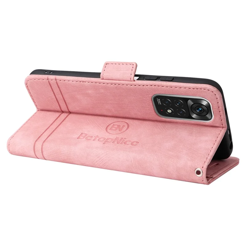 BETOPNICE 001 till Xiaomi Redmi Note 11 4G (Qualcomm) / Note 11S 4G Inpräntat stygnsmönster Hölje med stativ och plånbok i PU-läder med rem - Rosa