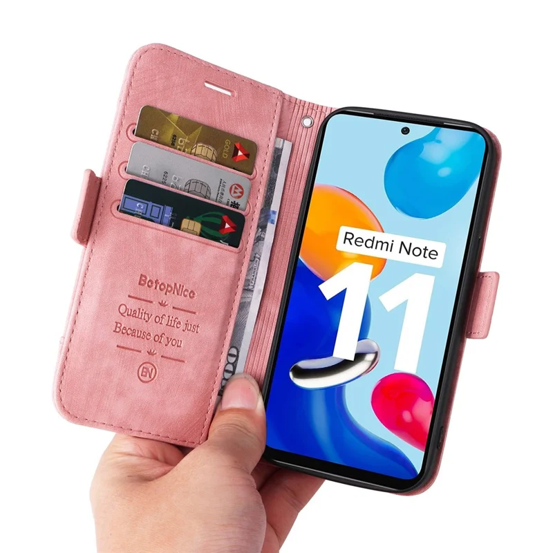 BETOPNICE 001 till Xiaomi Redmi Note 11 4G (Qualcomm) / Note 11S 4G Inpräntat stygnsmönster Hölje med stativ och plånbok i PU-läder med rem - Rosa