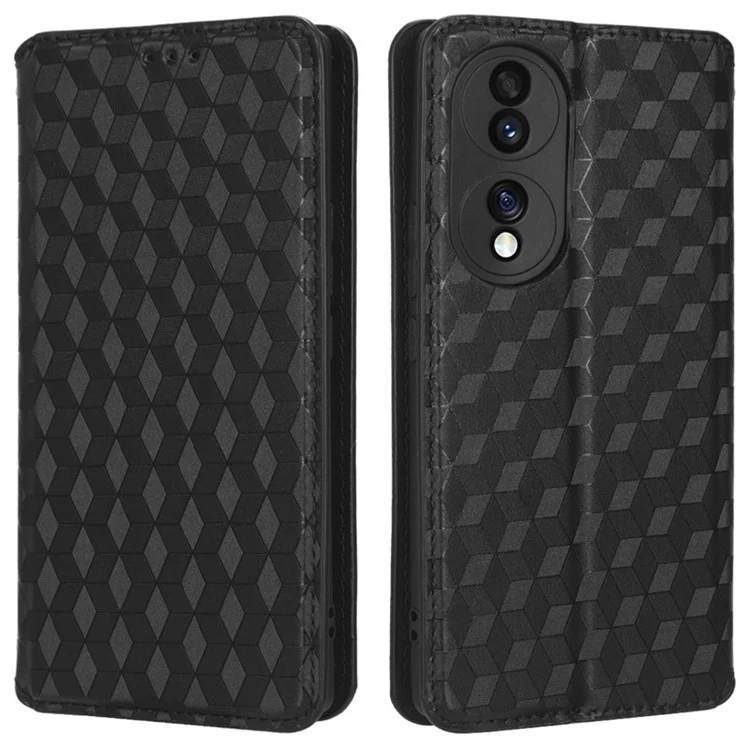 Для Чести 70 5G Магнитный Автоматическая Поглощенная Кожаная Корпус PU Case Rombus Pattern Pattern Pather Cope с Подставкой Для Кошелька - Черный