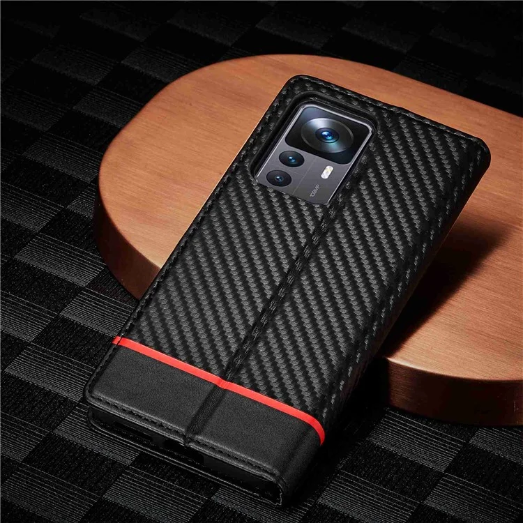 LC.IMEEKE Anti-drop Phone Case for Xiaomi 12T 5G / Redmi K50 Ultra 5G / 12T Pro 5G, Carbon Fiber Texture Wallet Stand Magnetic Auto Closing PU Leather Cell Phone Cover - Horizontal Stripe