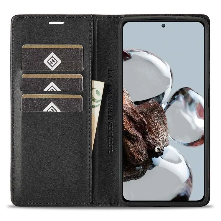 LC.IMEEKE Anti-drop Phone Case for Xiaomi 12T 5G / Redmi K50 Ultra 5G / 12T Pro 5G, Carbon Fiber Texture Wallet Stand Magnetic Auto Closing PU Leather Cell Phone Cover - Horizontal Stripe
