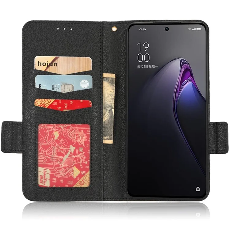 For Oppo Reno8 Pro+ 5G (Global Version) / Reno8 Pro 5G (Global Version) Wallet Case Litchi Texture PU Leather Dual Magnetic Clasp Flip Stand Cover with Strap - Black